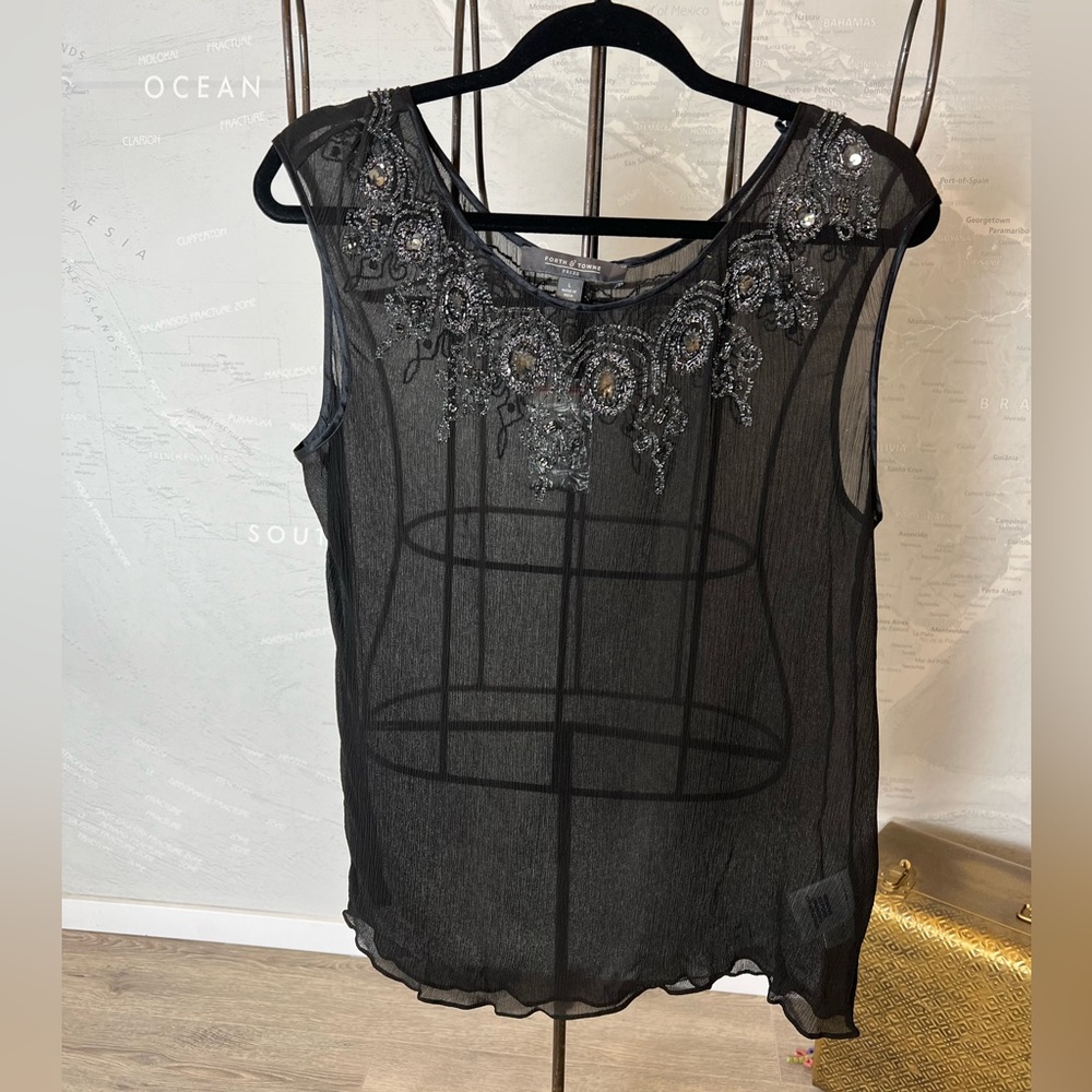 NWT Forth & Towne Sheer Top Blouse Black Embellished Beaded Silk Chiffon L